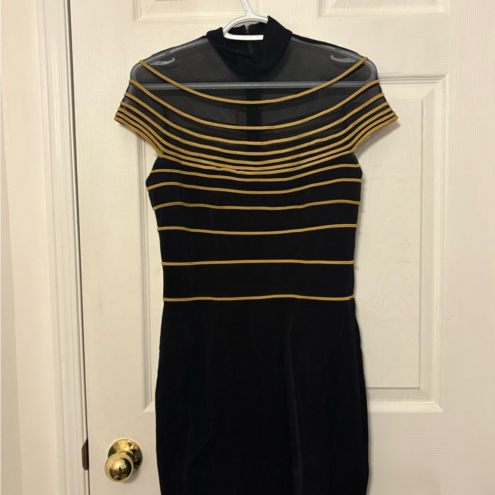 Tadashi Shoji Black Dress with Gold Stripes